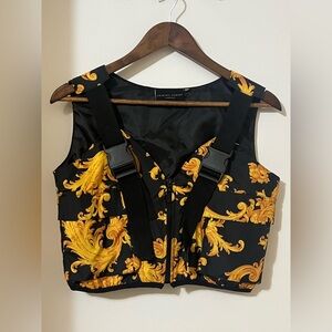 Black & Gold Baroque Print Utility Crop Vest